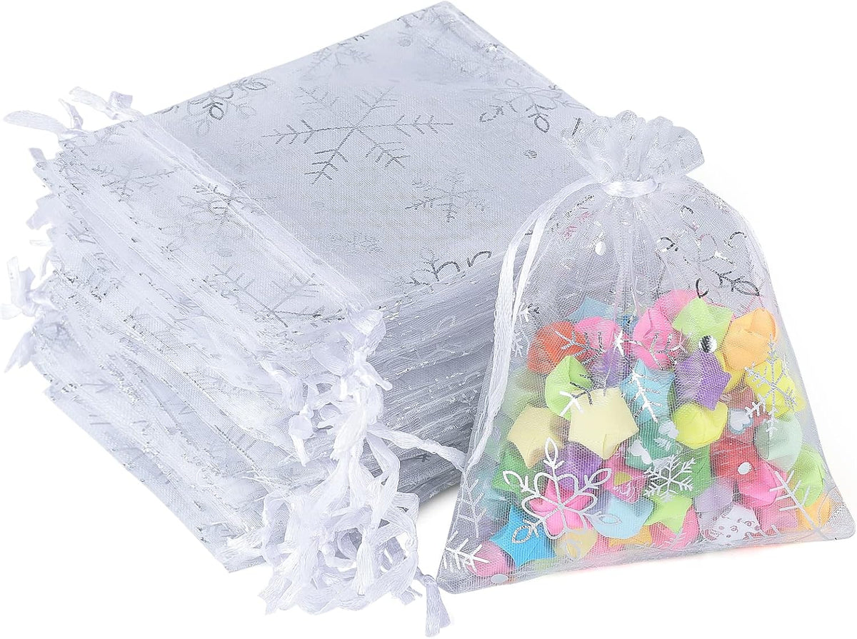 jijAcraft 3x4 Inch Christmas Organza Bags - 50Pcs White Snowflake Gift Bags with Drawstring, Xmas