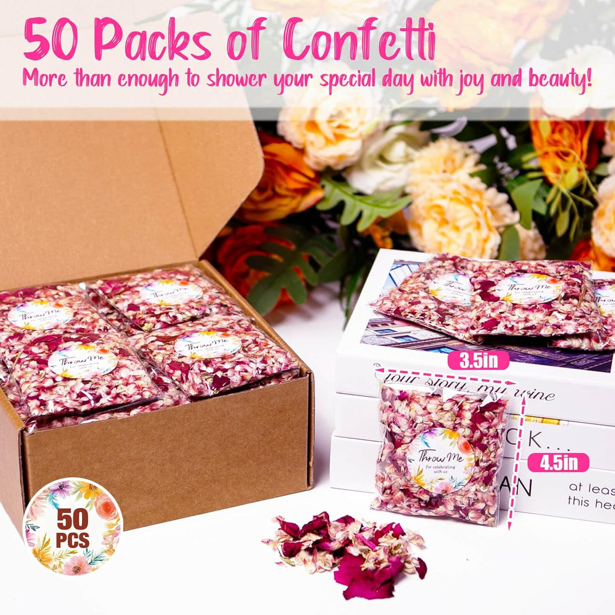 50 Pack Real Dried Rose Flower Petals Biodegradable Confetti, Dried Mix Red Rose Begonia Pink