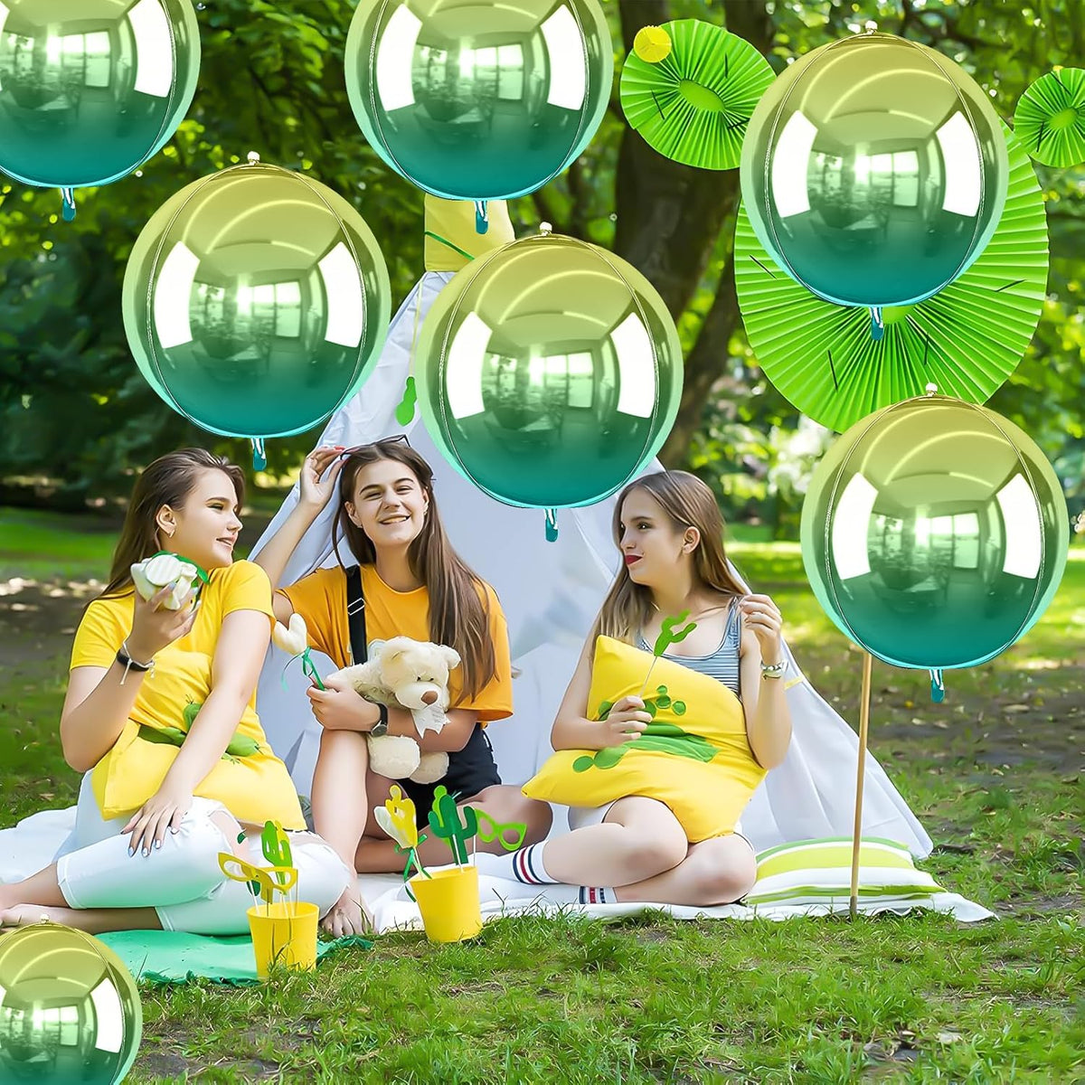6Pcs Gradient Green Round Foil Balloons, 22" Large Helium Ball Mylar Balloon, Metallic Green Foil