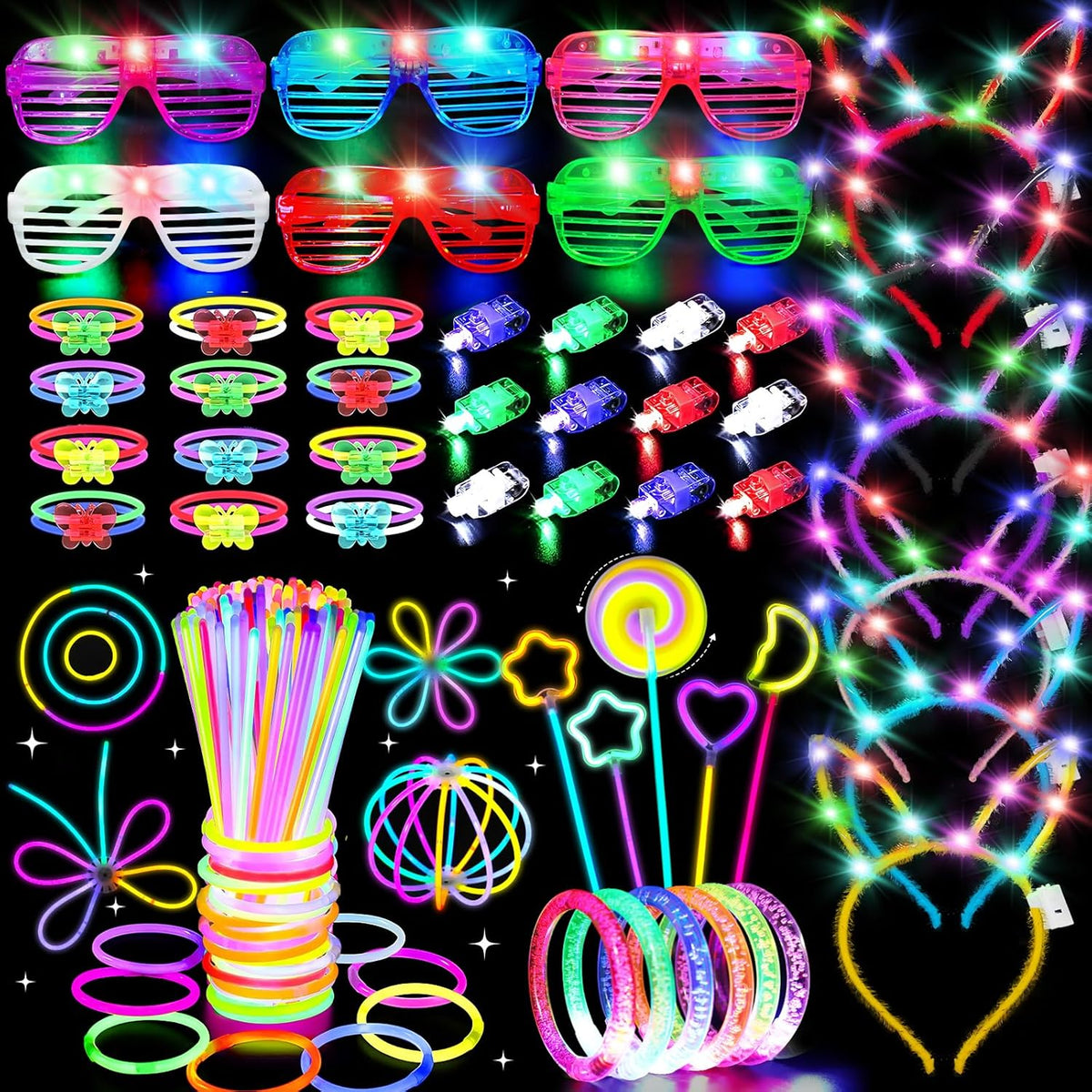 156PCS Glow in The Dark Party Supplies for Kids 8-12, Light Up Glasses Headband Rings Halloween