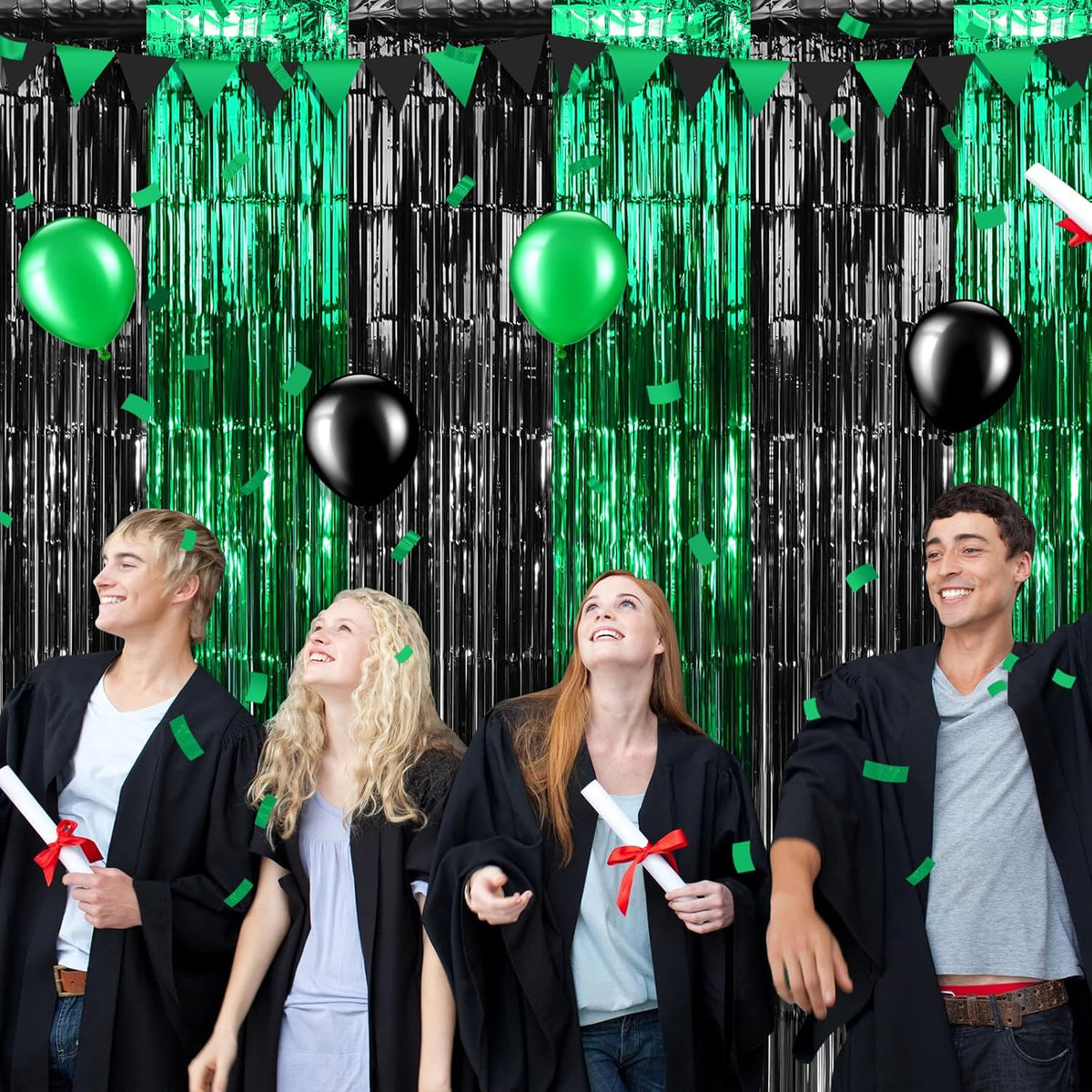 3Pack 3.3Ft x 6.6Ft Graduation Foil Fringe Curtain Backdrop Decorations, Green Black Metallic