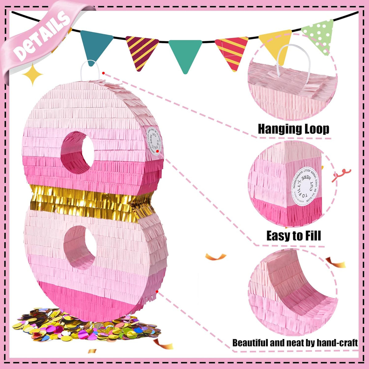 PCFING 20 Inch Number 8 Piñata Pink Gold with 30 Inch Piñata Stick Blindfold Confetti for Boys