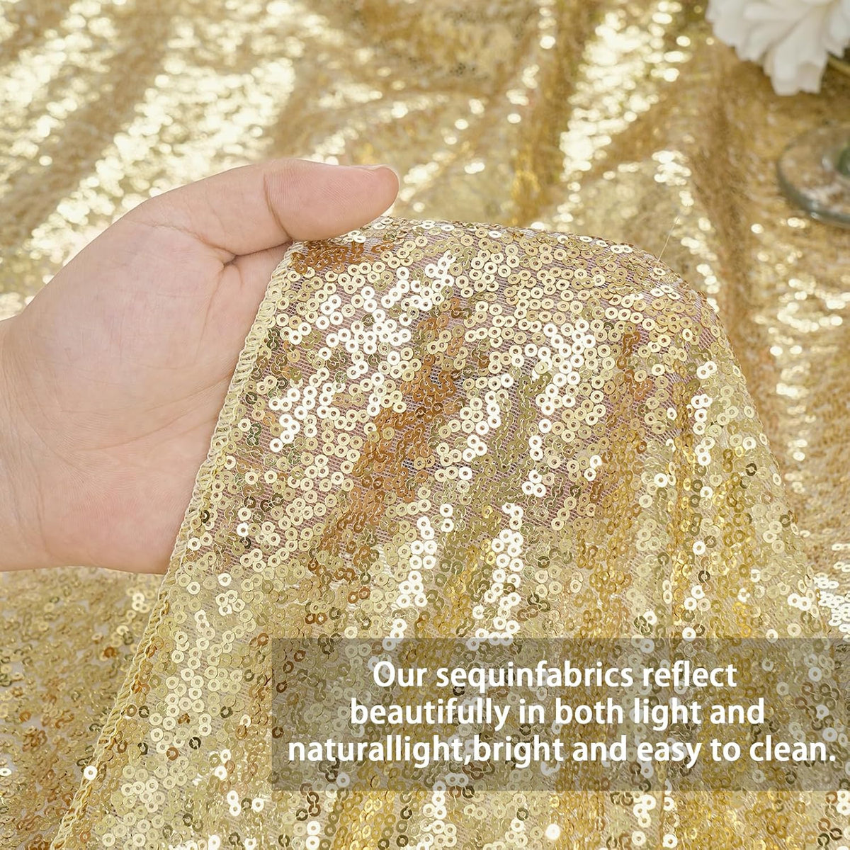 QueenDream Party Tablecloth Light Gold - 90x156 Inch Sequin Fabric Table Cloths Rectangle Cover