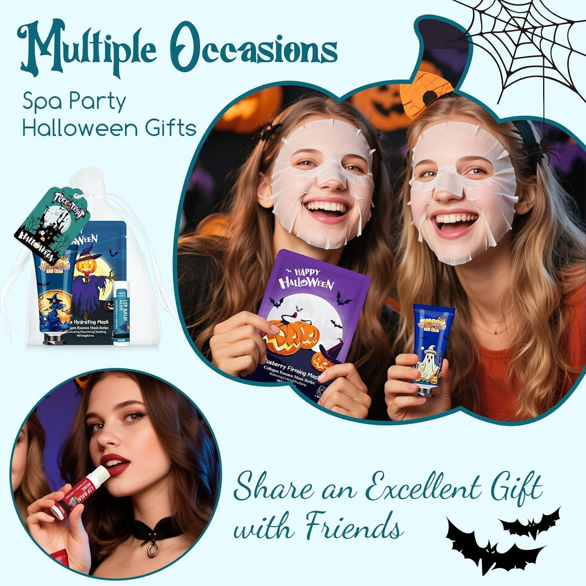 VESPRO 50 Pack Halloween Hand Cream, Facial Mask and Lip Balm Set, Bulk Halloween Gifts for Women
