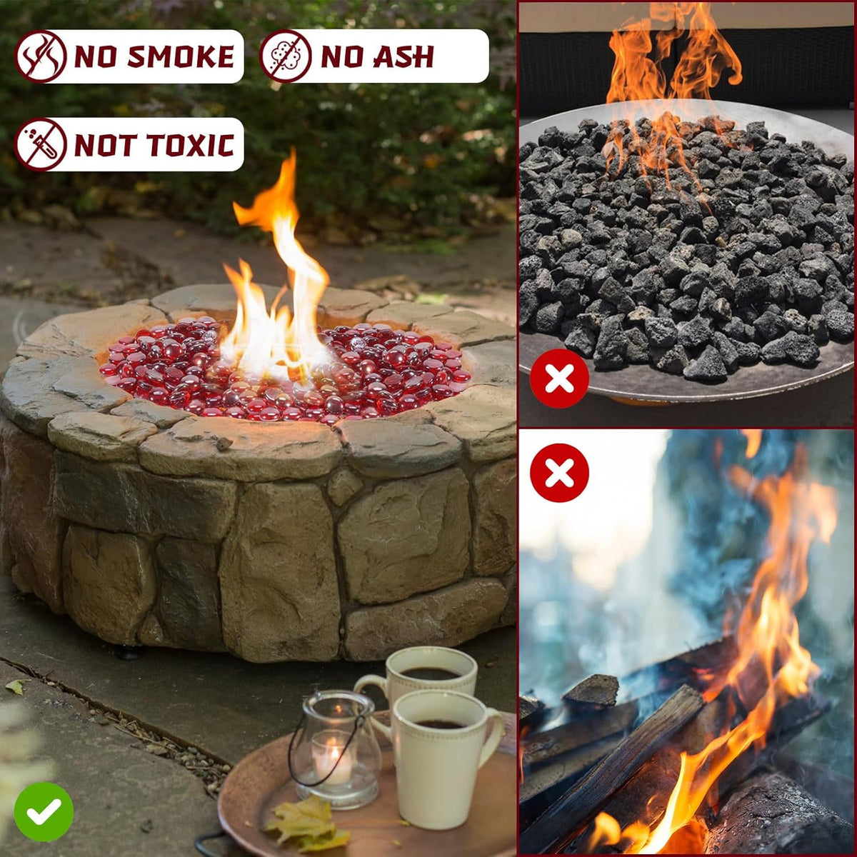 Fire Pit Glass Beads, Red Luster Reflective Tempered Glass Rocks for Natural, Propane or Gas
