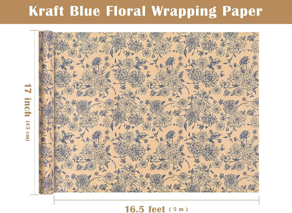 WRAPAHOLIC Kraft Blue Floral Wrapping Paper - Mini Roll - 17 Inch x 16.5 Feet - Vintage Blue Toile