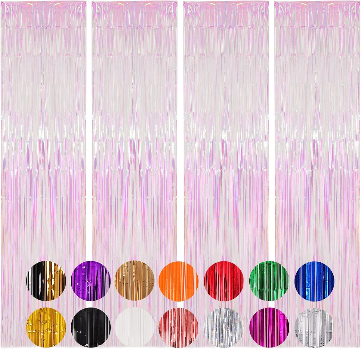 4 Pack Iridescent Transparent Foil Fringe Backdrop Curtains, Tinsel Streamers Birthday Party
