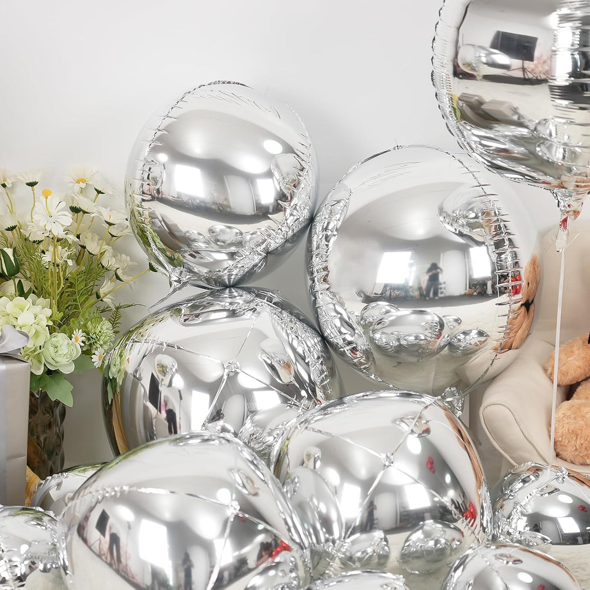 12Pcs Silver Round Foil Balloons, 22" 15" 10" 4D Ball Balloons, Metallic Silver Foil Balloon for