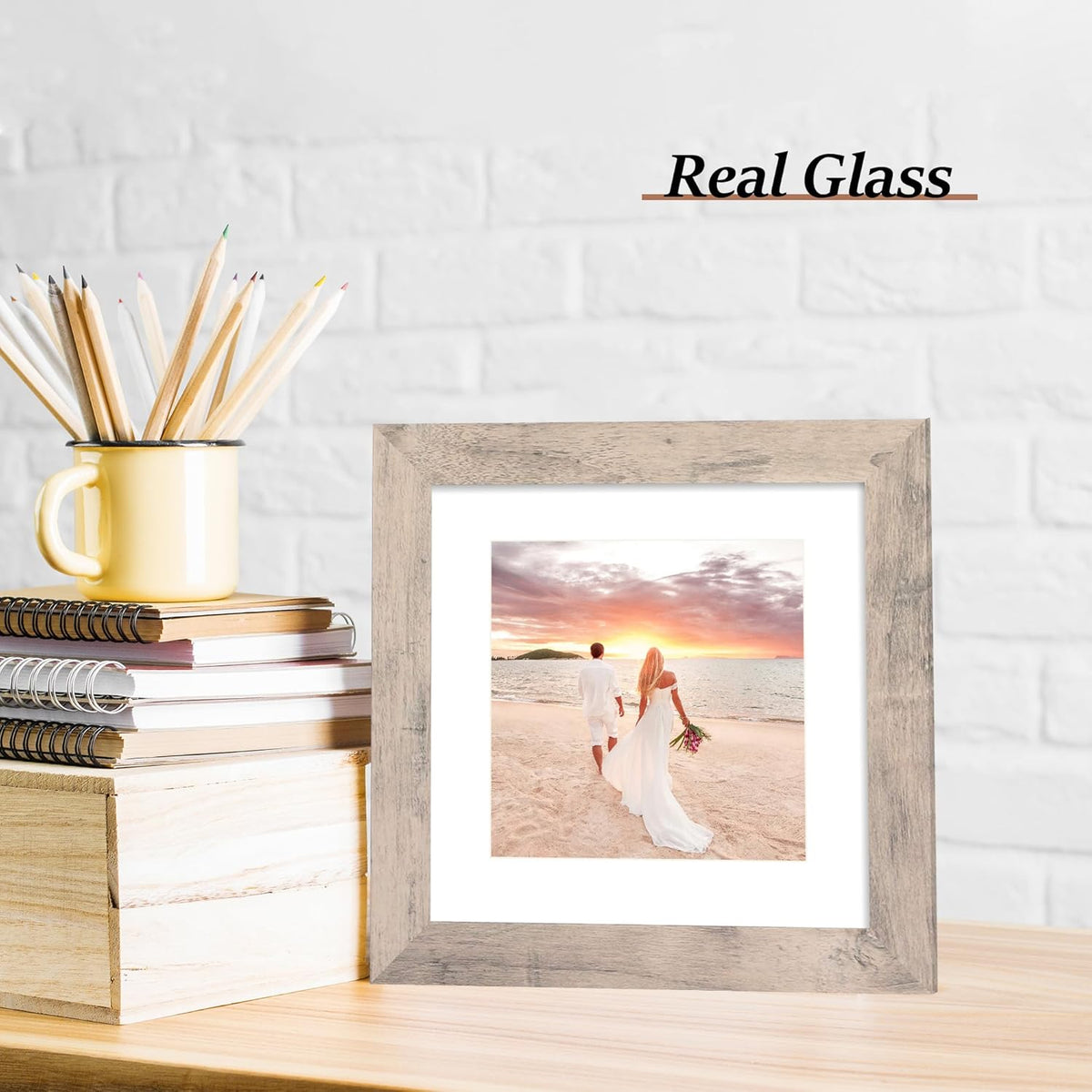 8x8 Picture Frames Set of 4 with High Definition Real Glass, Smoke Gray Frame Display 6x6 Pictures