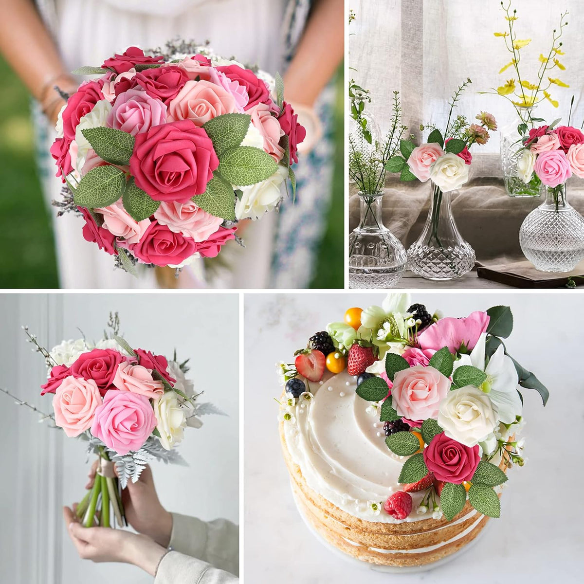 AmyHomie Artificial Flower Seriesa Red Rose 25pcs Real Looking Fake Roses w/Stem for DIY Wedding