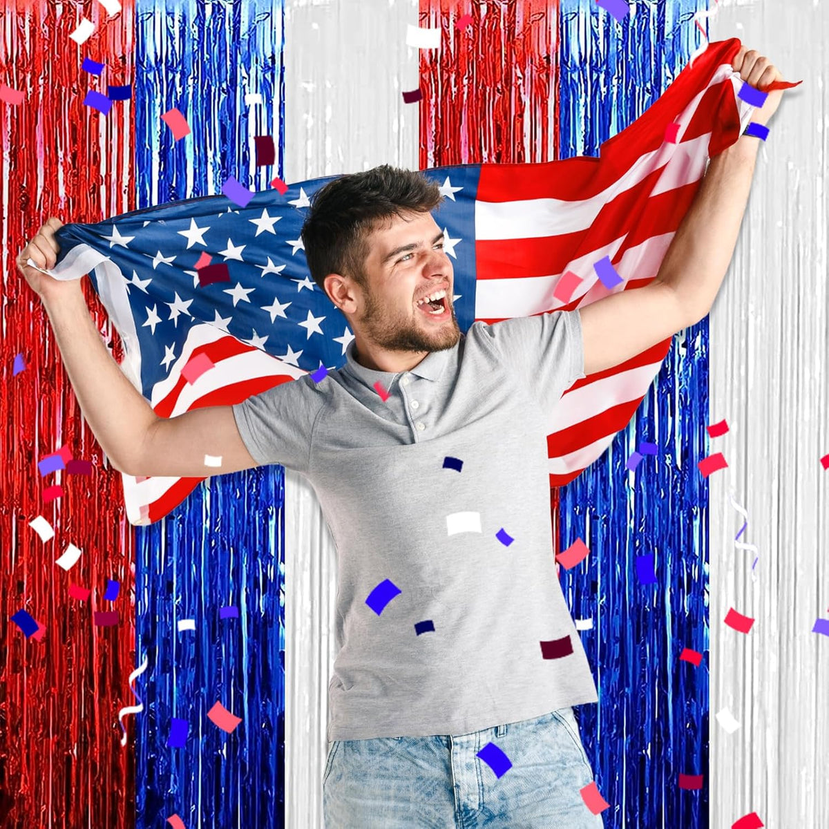 3 Pack White Blue Red Foil Fringe Curtain Backdrop, 3.28Ft x 8.2Ft Metallic Tinsel Foil Fringe