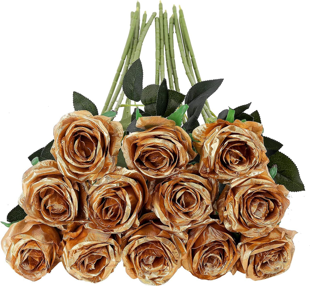Tifuly Gold Roses Artificial Flowers -12Pcs Realistic Single Long Stem Fake Silk Roses Bouquet for