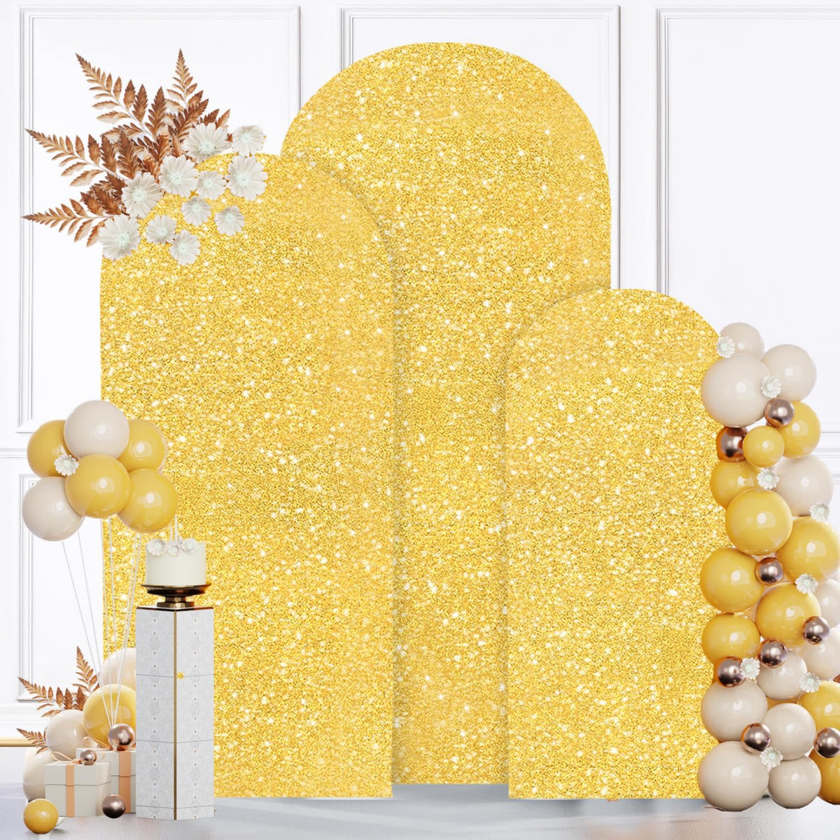 MODFUNS Metal Arch Backdorp Stand and Cover Set 6&6.6&7.2ft Gold Sequins Arch Backdrop Cover Set of