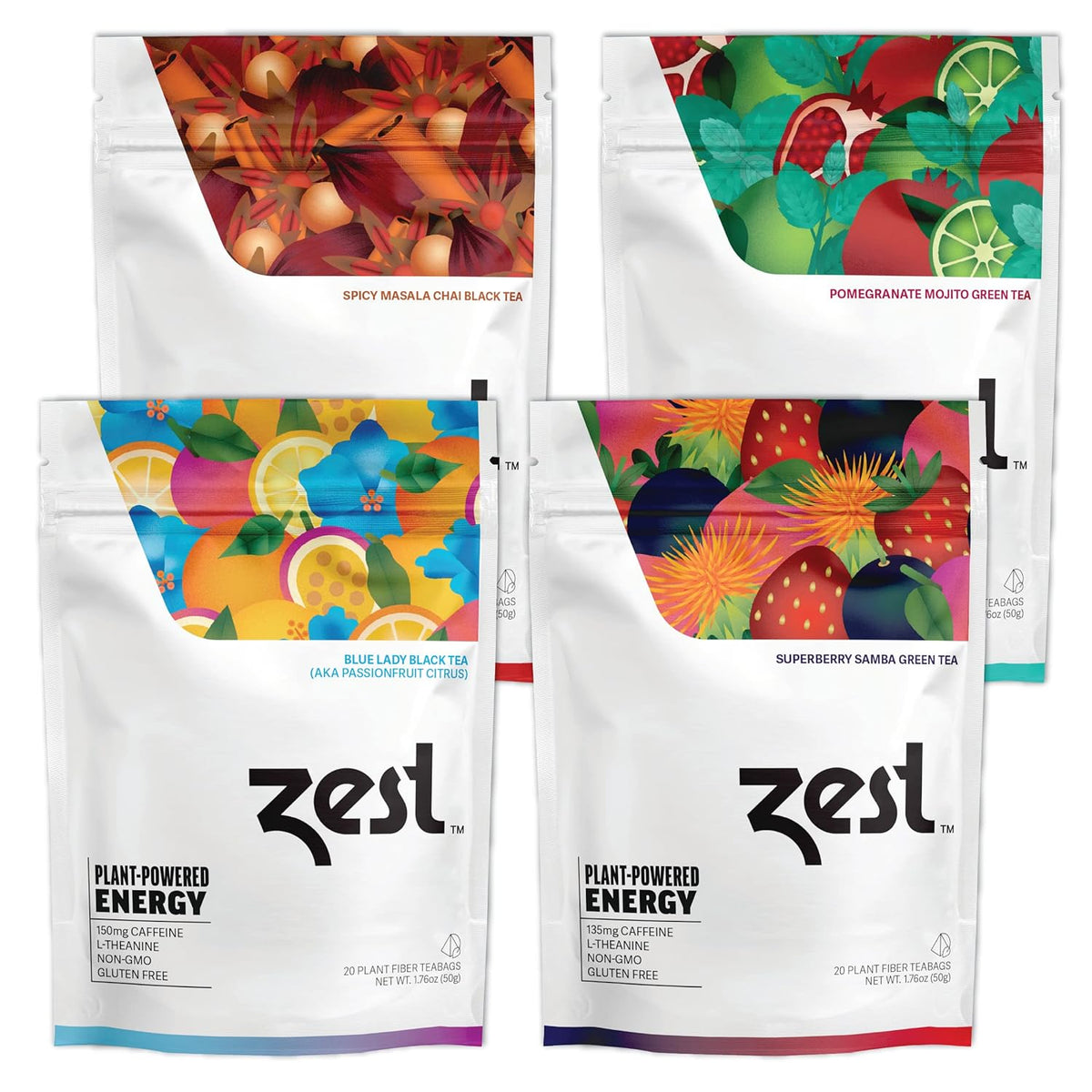 Zest Energy Tea Bags Variety Pack - High Caffeine Black & Green Tea Sampler - Caffeinated Coffee
