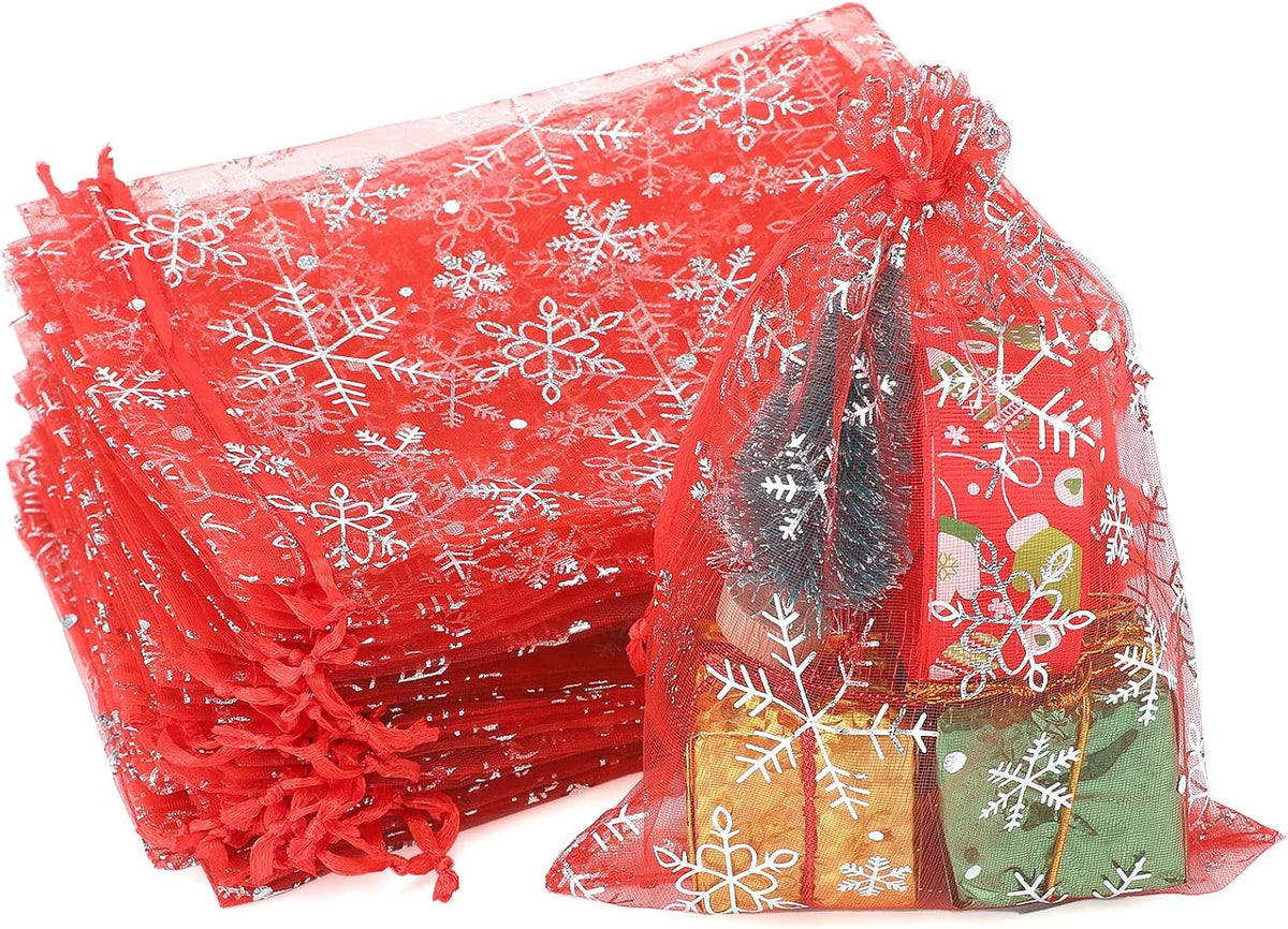 jijAcraft 5x7 Inch Christmas Organza Bags - 50Pcs Red Snowflake Gift Bags with Drawstring, Xmas