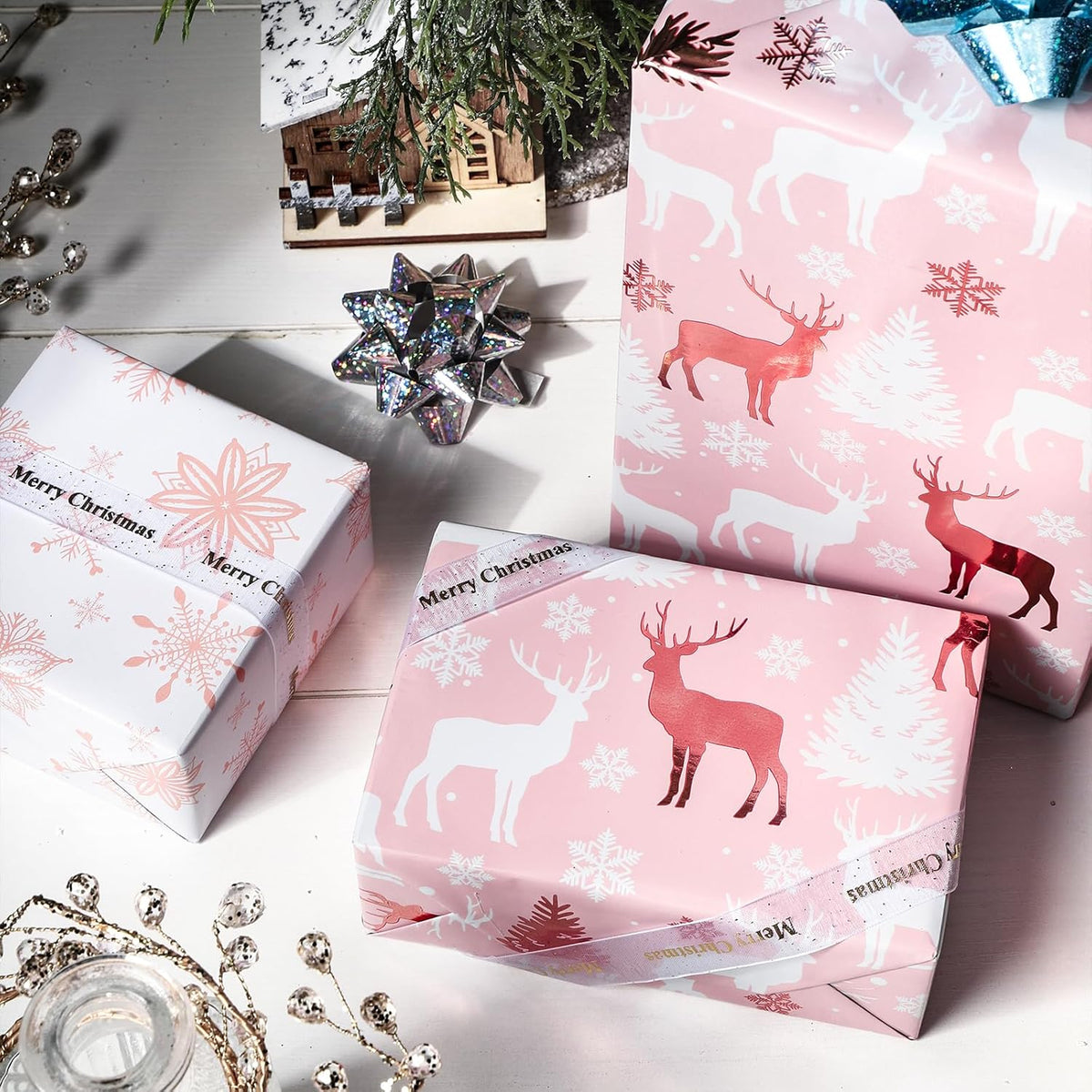 LeZakaa Christmas Pink Wrapping Paper Mini Roll, Reindeer & Snowflake, Metallic Foil, Rose Gold
