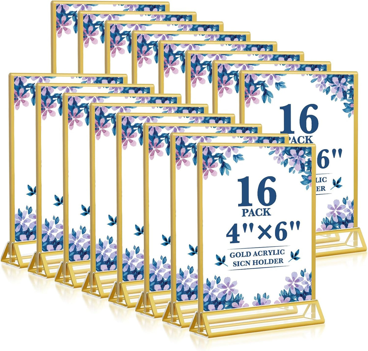 Gold Acrylic Sign Holder 4x6, 16 Pack Wedding Gold Frame Table Number Holders Vertical, Clear