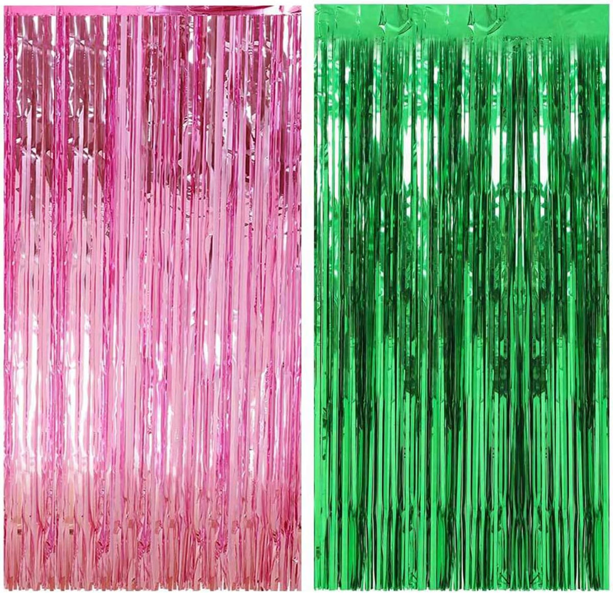 CANREVEL 2 Pack 3.3x6.6 Feet Pink and Green Foil Fringe Backdrop Curtains, Tinsel Streamers for