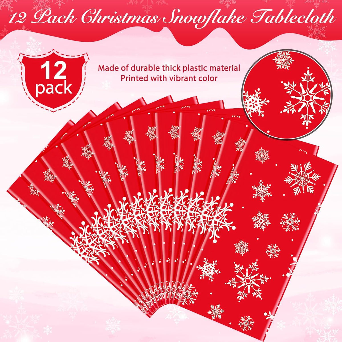 Jectivs 12 Pieces Christmas Snowflake Plastic Party Tablecloth Decorations,White Snowflake Red Xmas