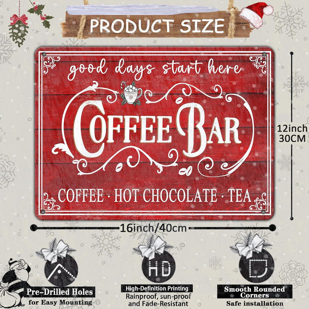 Vintage Christmas Coffee Bar Tin Sign - Kitchen Decor - Tea Bar Accessories - Hot Chocolate - Retro