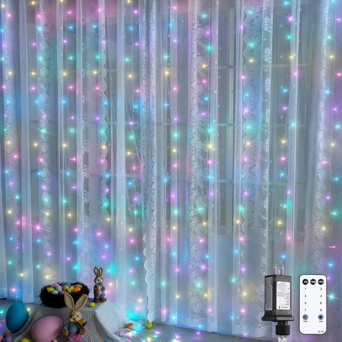 JMEXSUSS 300LED Easter Decorations Curtain Lights with Remote, 9.8x9.8ft Easter Sting Lights Plug