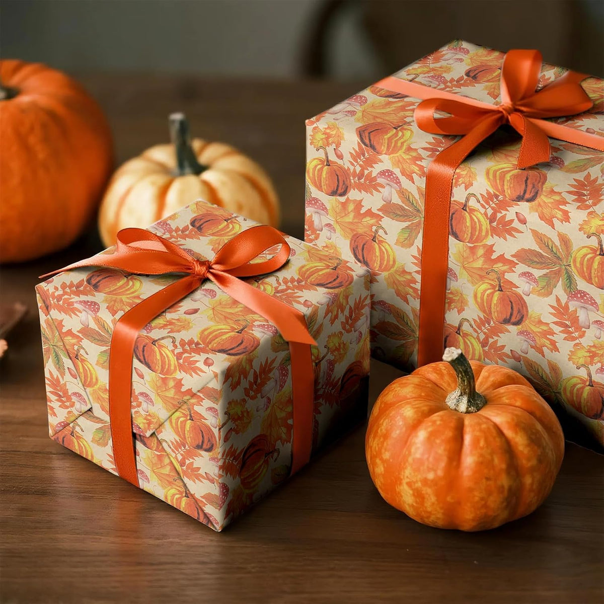 RUSPEPA Fall Wrapping Paper Roll, Mini Roll, Watercolor Pumpkin, Autumn Leaf and Mushroom Design