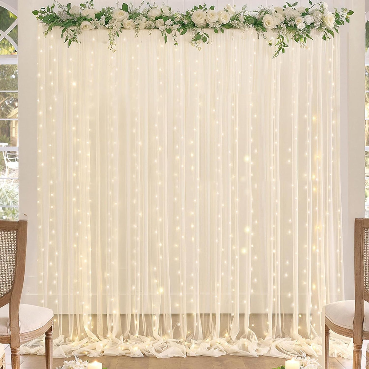 Champagne Tulle Backdrop Curtain with Lights String for Parites Wedding 10x8ft Champagne Sheer