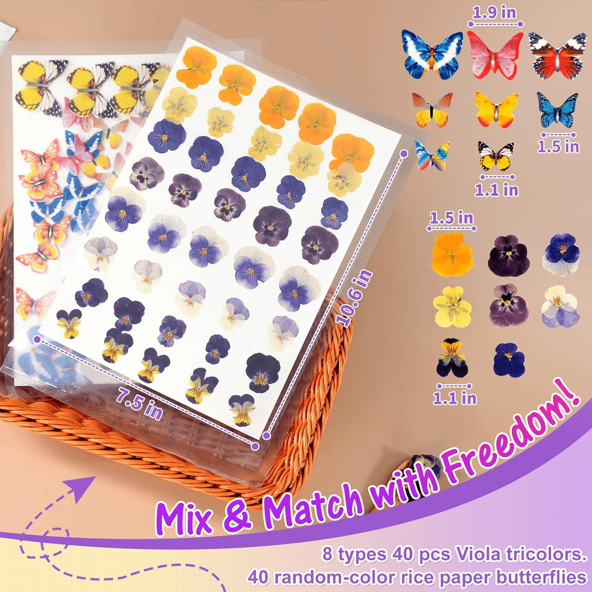 80 Pcs 8 Kinds Natural Real Dried Pressed Edible Flowers & Edible Butterflies for Cake Topper