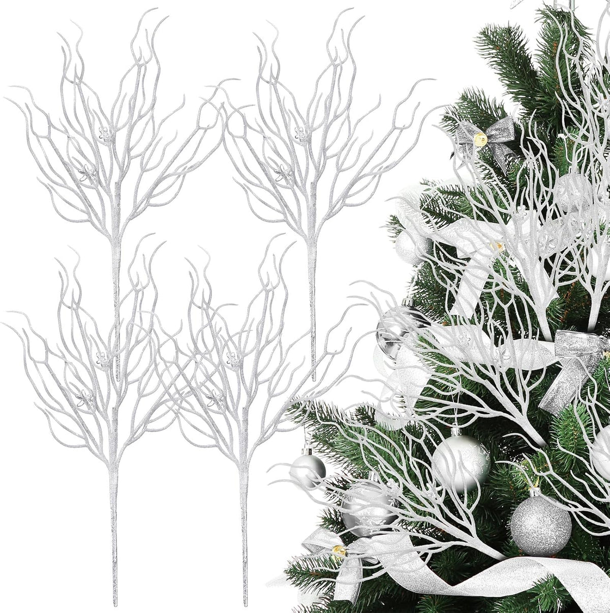 8 Pcs White Coastal Ornaments for Christmas Tree 15.7inch Glitter Coral Beach Ocean Spray Pick