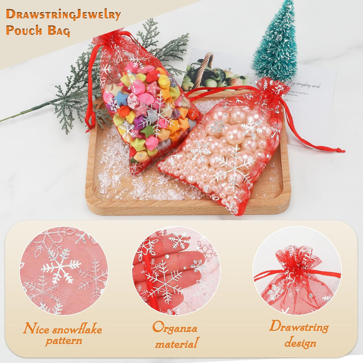 jijAcraft 4x6 Inch Christmas Organza Bags - 50Pcs Red Snowflake Gift Bags with Drawstring, Xmas