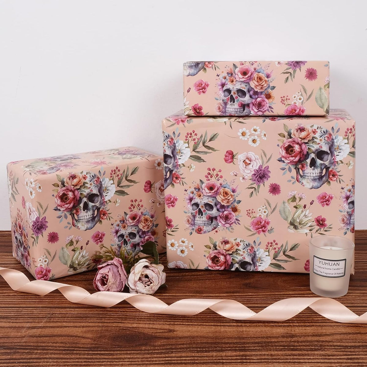 Aimyoo Gothic Wrapping Paper Roll, 17 Inch X 16.5 Fee Skull Floral Berry Design Gift Wrap Paper for