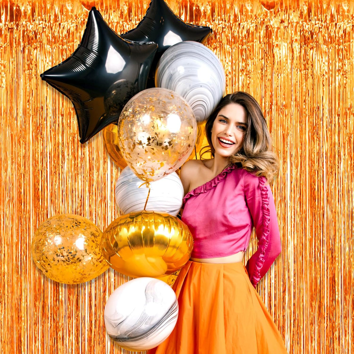 3 Pack Orange Foil Fringe Curtain Backdrop, 3.28Ft x 8.2Ft Metallic Tinsel Foil Fringe Streamer