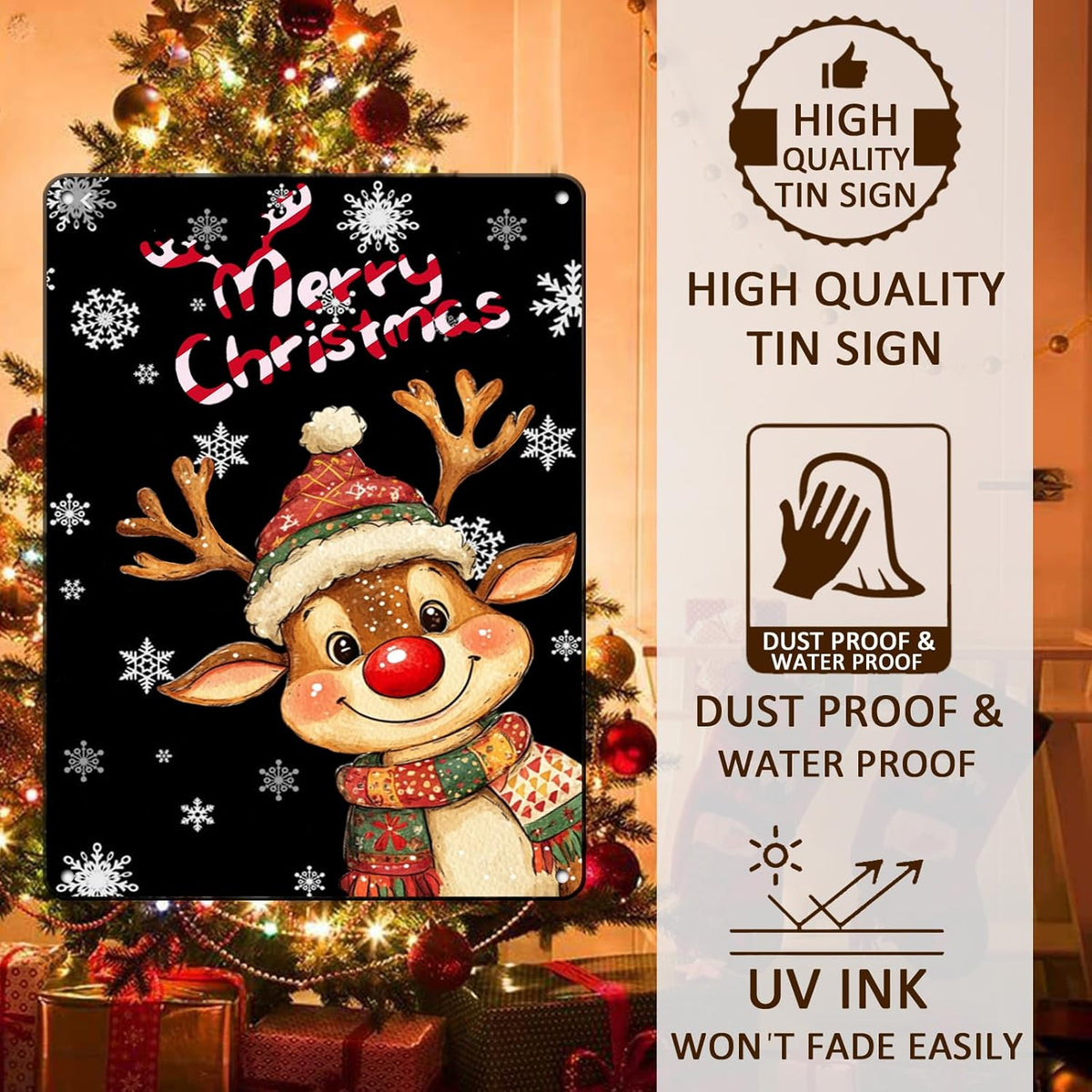 Merry Christmas Reindeer Metal Tin Sign - Funny Christmas House Decoration 12x16Inch for Outdoor