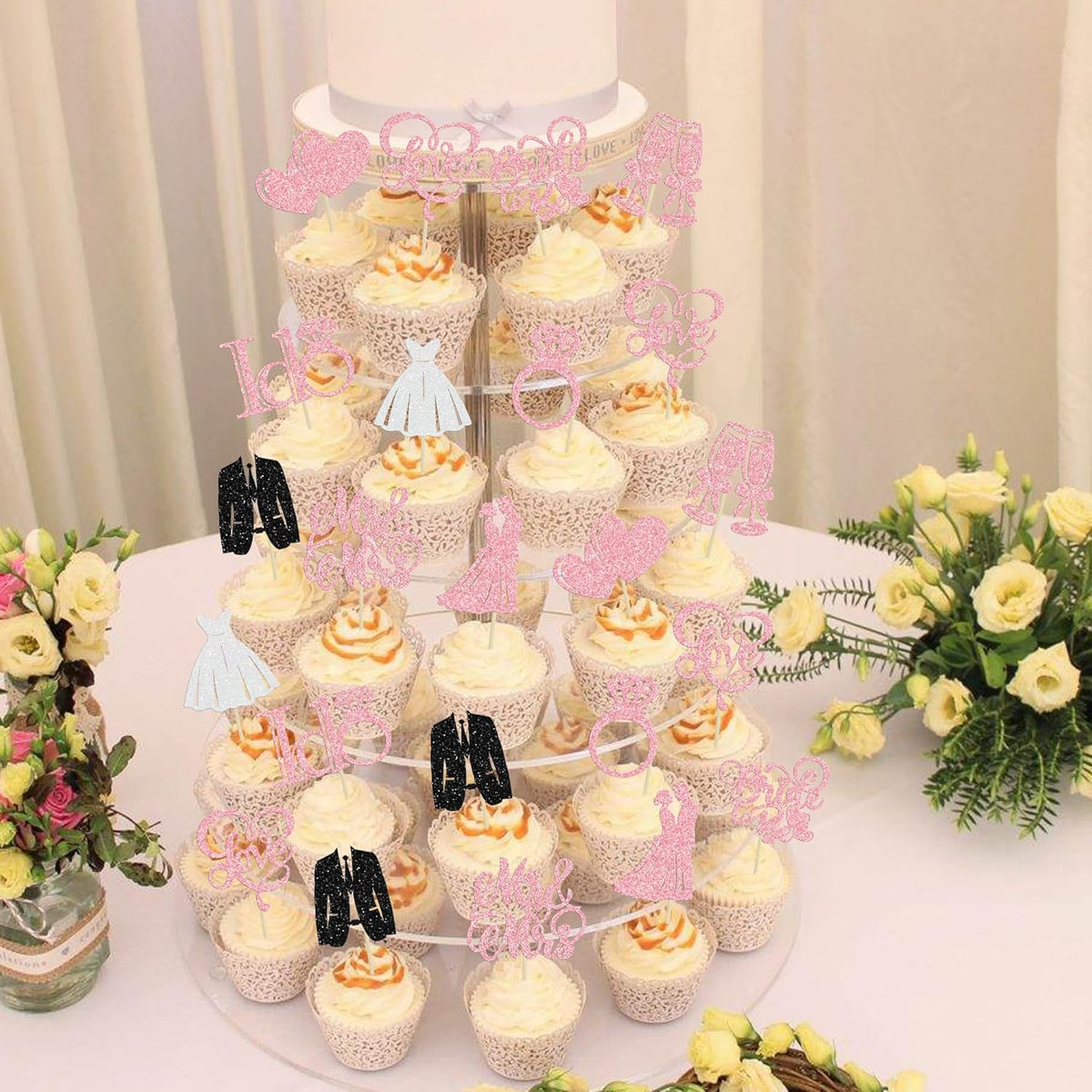 Gyufise 30Pcs Bride to Be Cupcake Toppers Glitter Diamond Ring I Do Love Cupcake Picks Miss to Mrs