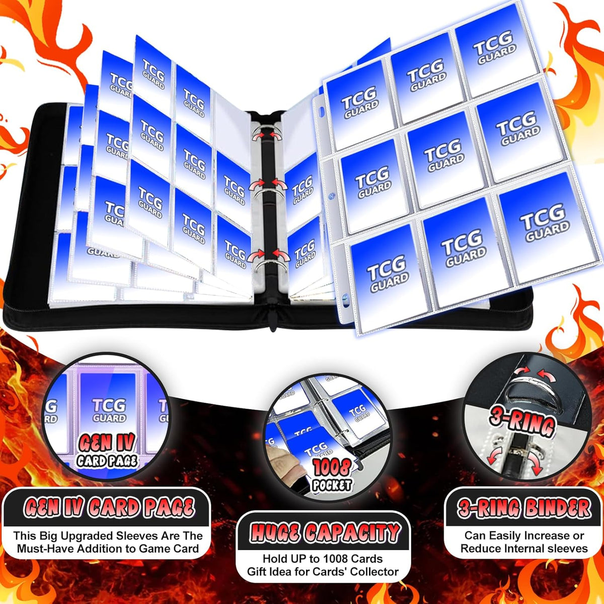 1008 Card Binder 9 Pocket, 3-Ring Trading Card Binder with 56 Page Removable Sleeves, High Storage