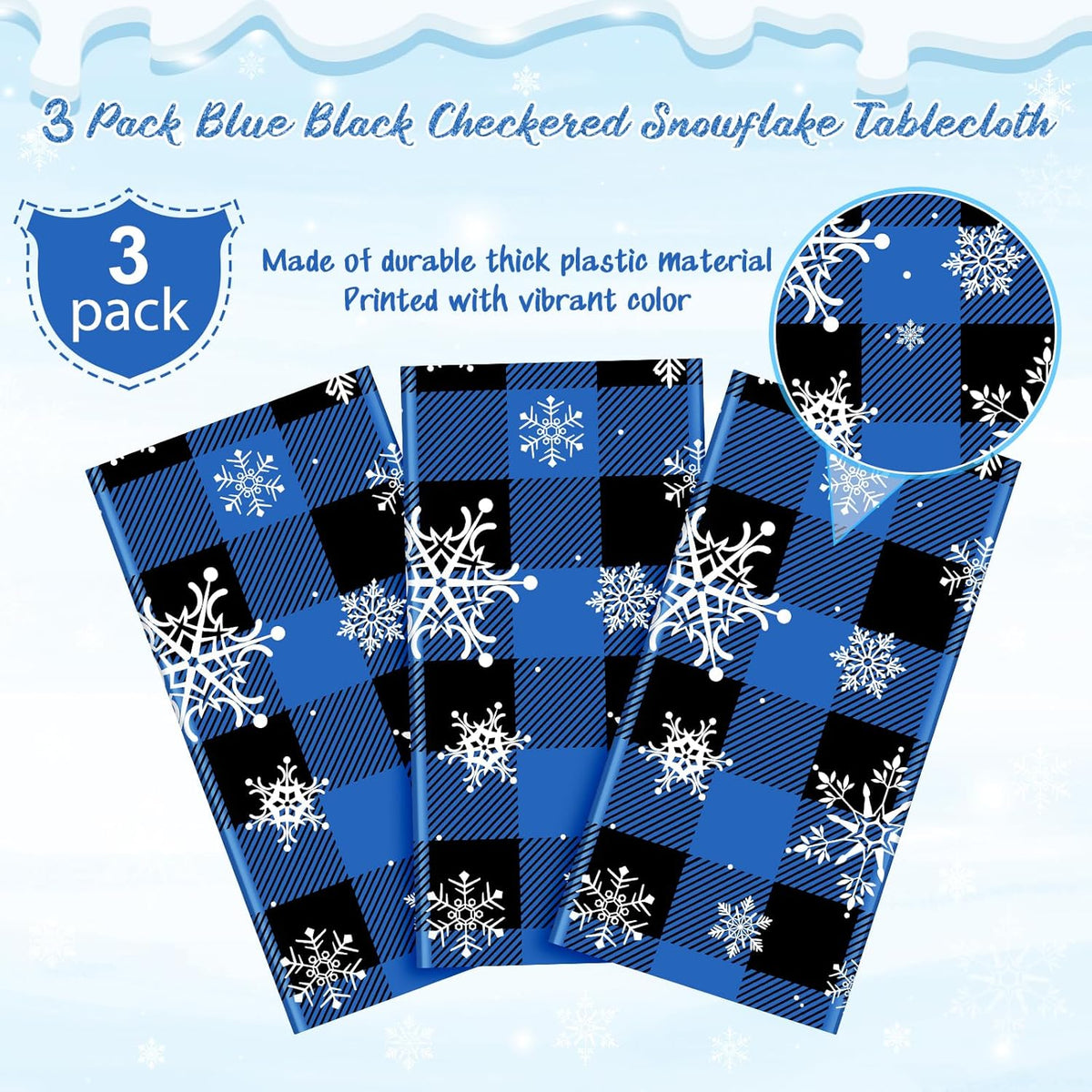 3Pcs Christmas Buffalo Plaid Snowflake Party Tablecloths Decorations,Plastic Black and Navy Blue
