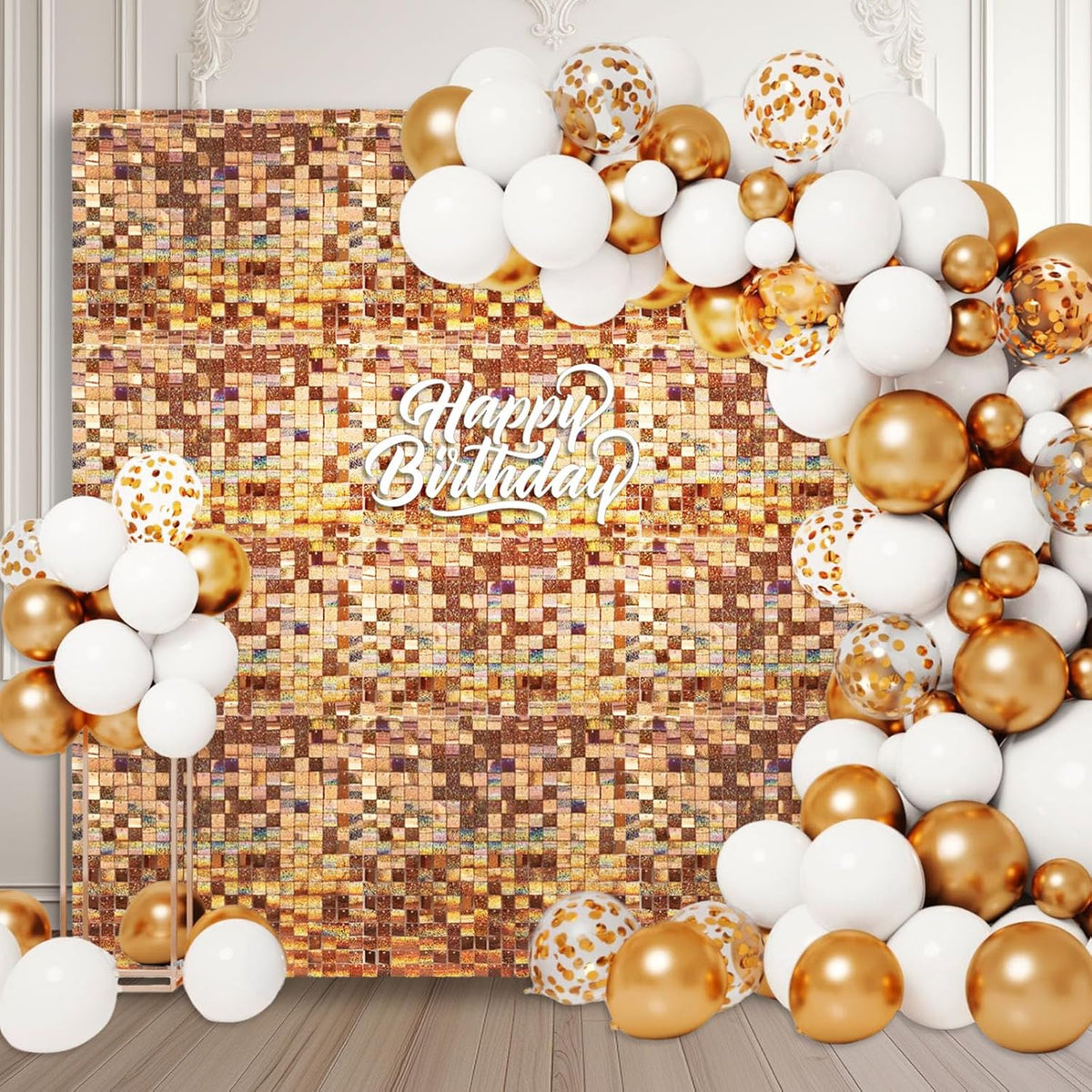 24PCS Champagne Shimmer Wall Backdrop, Laser Square Sequin Photo Backdrops Panel, Glitter Wall