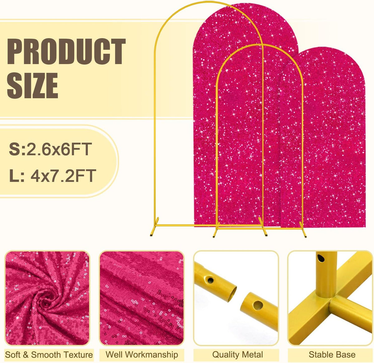 MODFUNS Arch Backdrop Stand and Cover Set 6&7.2ft Hot Pink Sequins Arch Backdrop Cover Metal Arch