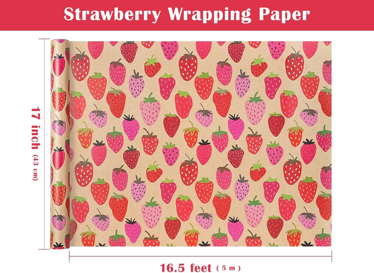 WRAPAHOLIC Kraft Strawberry Wrapping Paper Roll - Mini Roll - 17 Inch x 16.5 Feet - Sweet