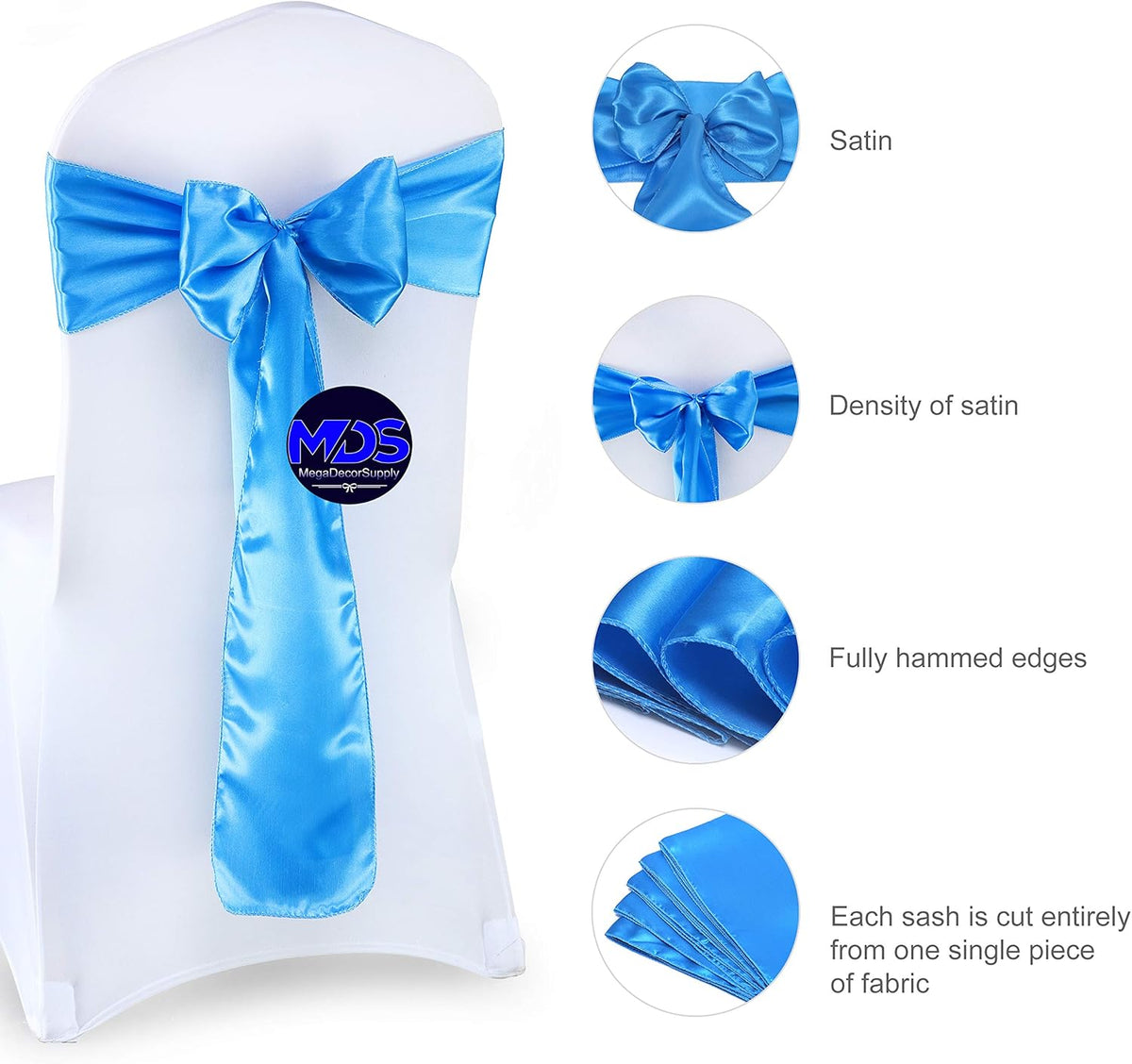 MDS Pack of 200 PCS Satin Chair Sashes Charmeuse Sateen Dining Chair Bows Ribbon Ties Back Sash for