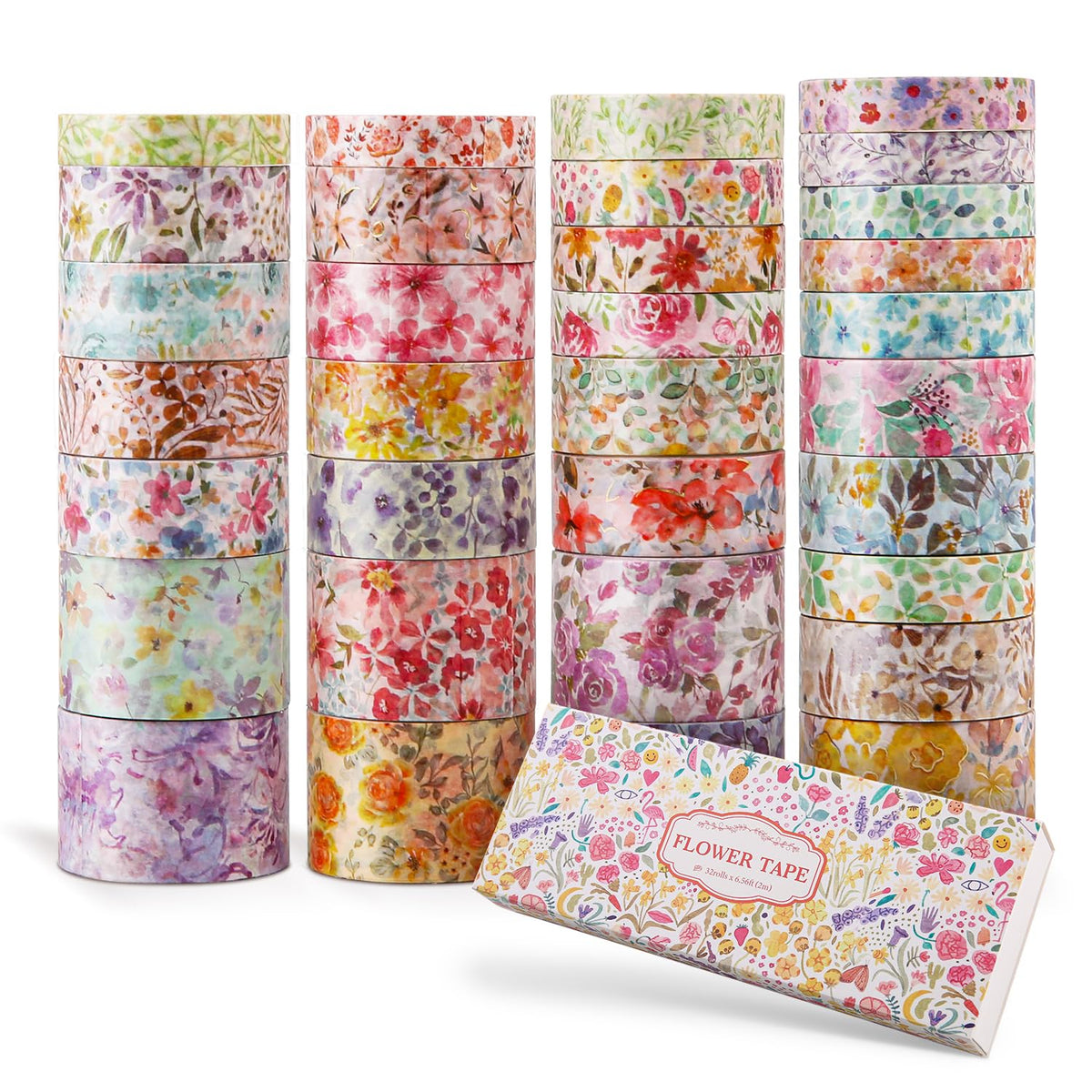 32 Rolls Washi Tape Set, Colored Floral Decorative Masking Tape, Artists Tapes for Junk Journal