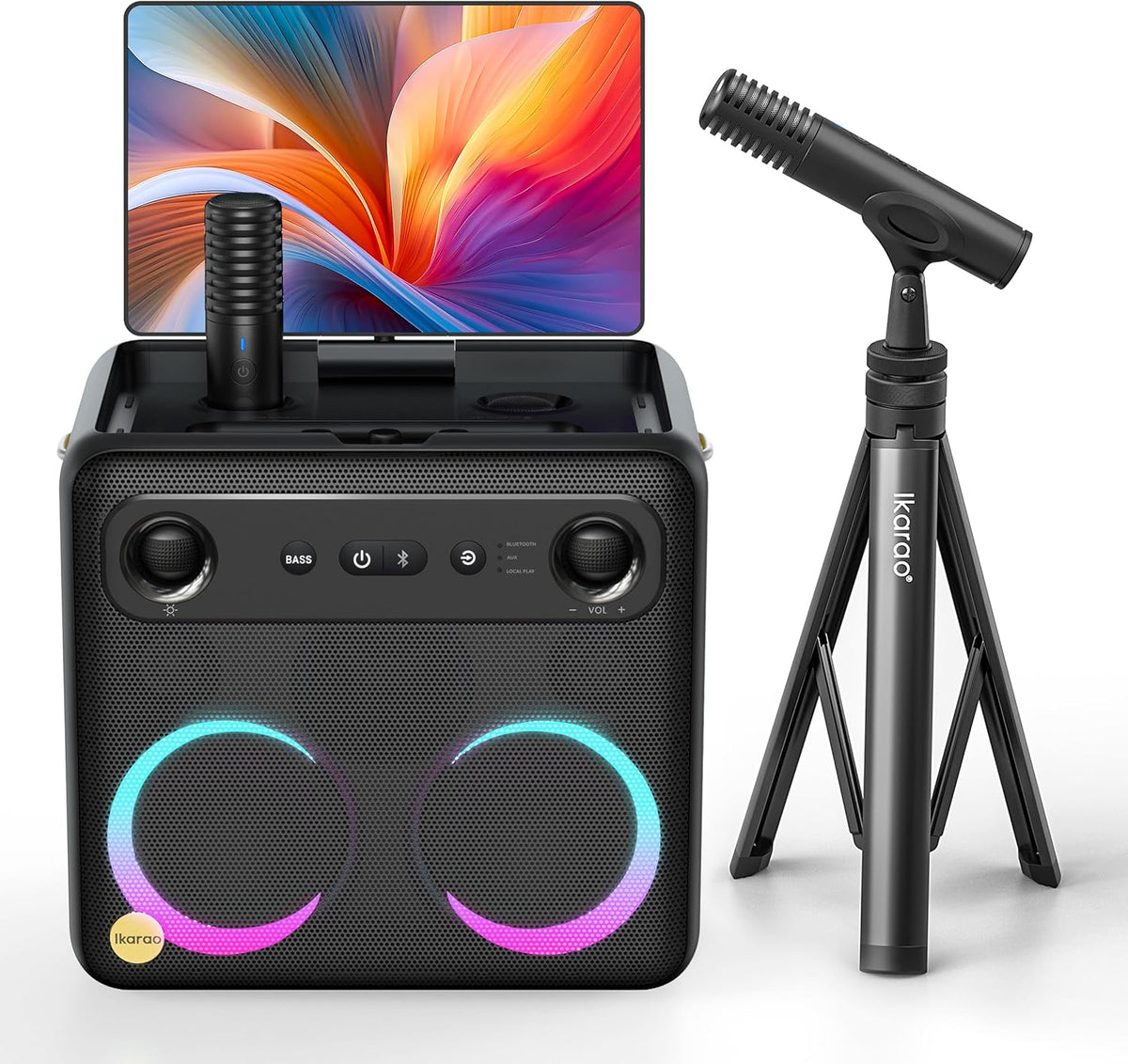 Ikarao Karaoke Machine with Microphone Stand, Portable Bluetooth Speaker for Party, Backyard
