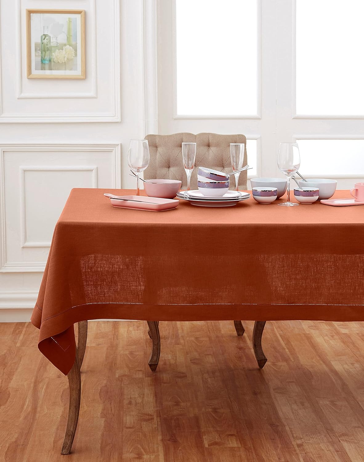 Solino Home Linen Cinnamon Tablecloth 60 x 120 Inch - Classic Hemstitch, 100% Pure Linen