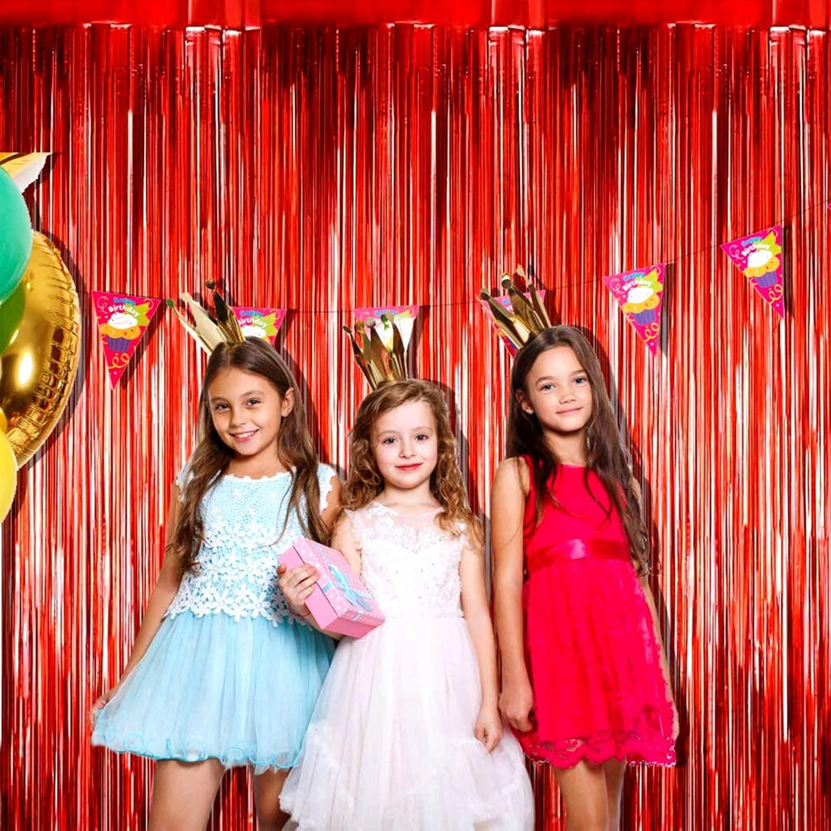 4 Pack Red Foil Fringe Curtain Backdrop, 3.28Ft x 9.84Ft Metallic Tinsel Foil Fringe Streamers