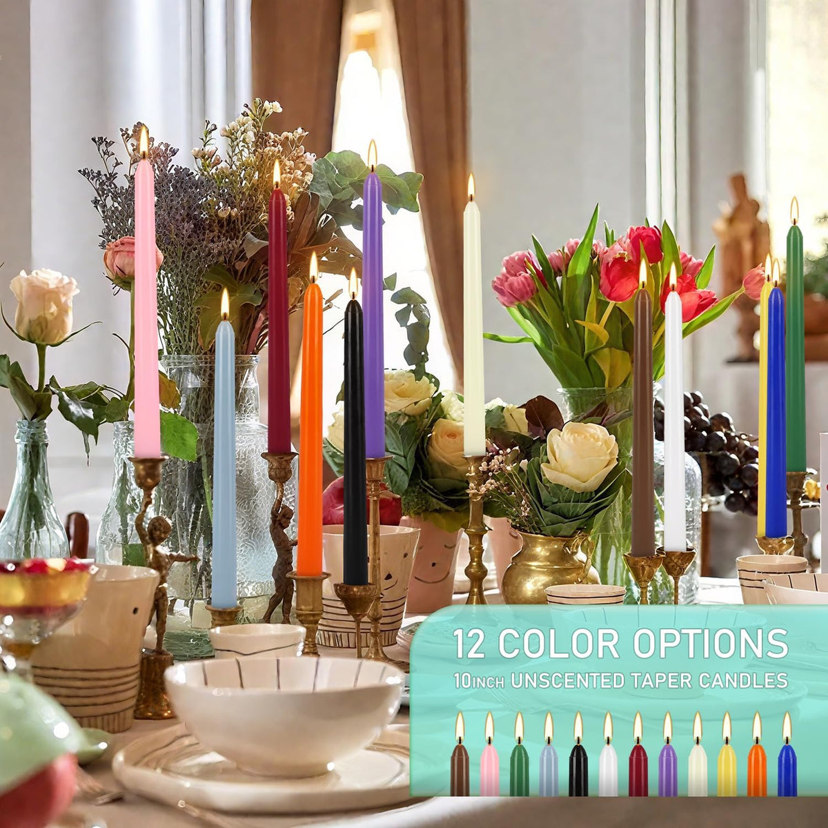 24 Colored Taper Candles, 7-8 Hours Burn Time, Unscented, Smokeless and Dripless, 0.75 x 10 Inch
