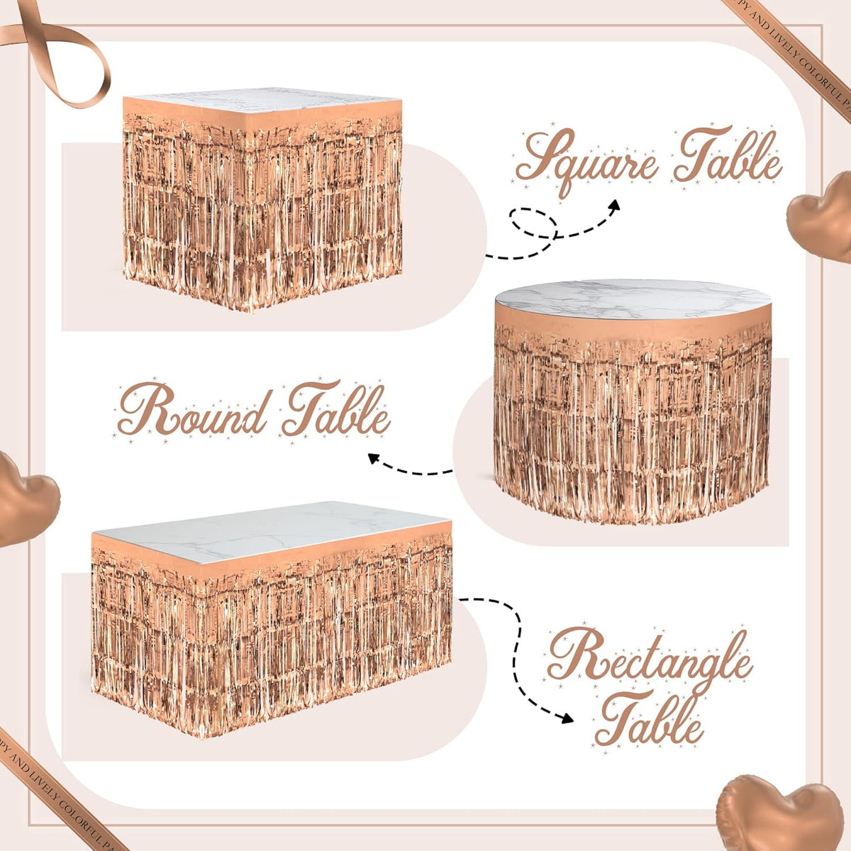 2 Pack Rose Gold Table Skirts, 29x108" Metallic Foil Tinsel Fringe Table Skirts for Rectangle
