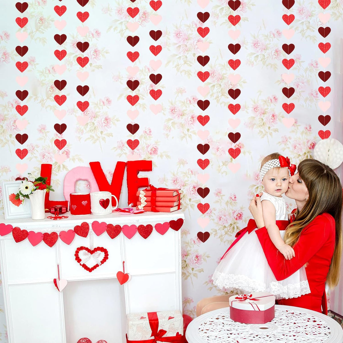 Party Decorations Pink-Red Heart-Garland - 52ft Burgundy Proposal Special Night Galentines Hanging
