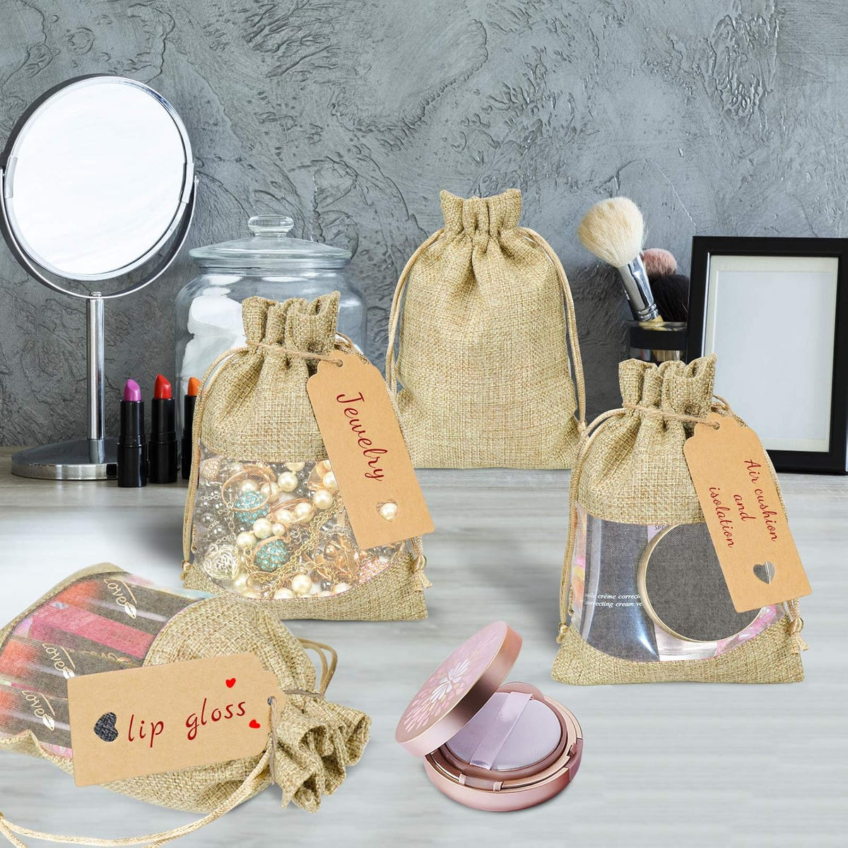 GIOIPC 50Pcs 5 x 7 Inch Linen Burlap Sheer Bags with Drawstring and Bonus Gift Tags for Wedding