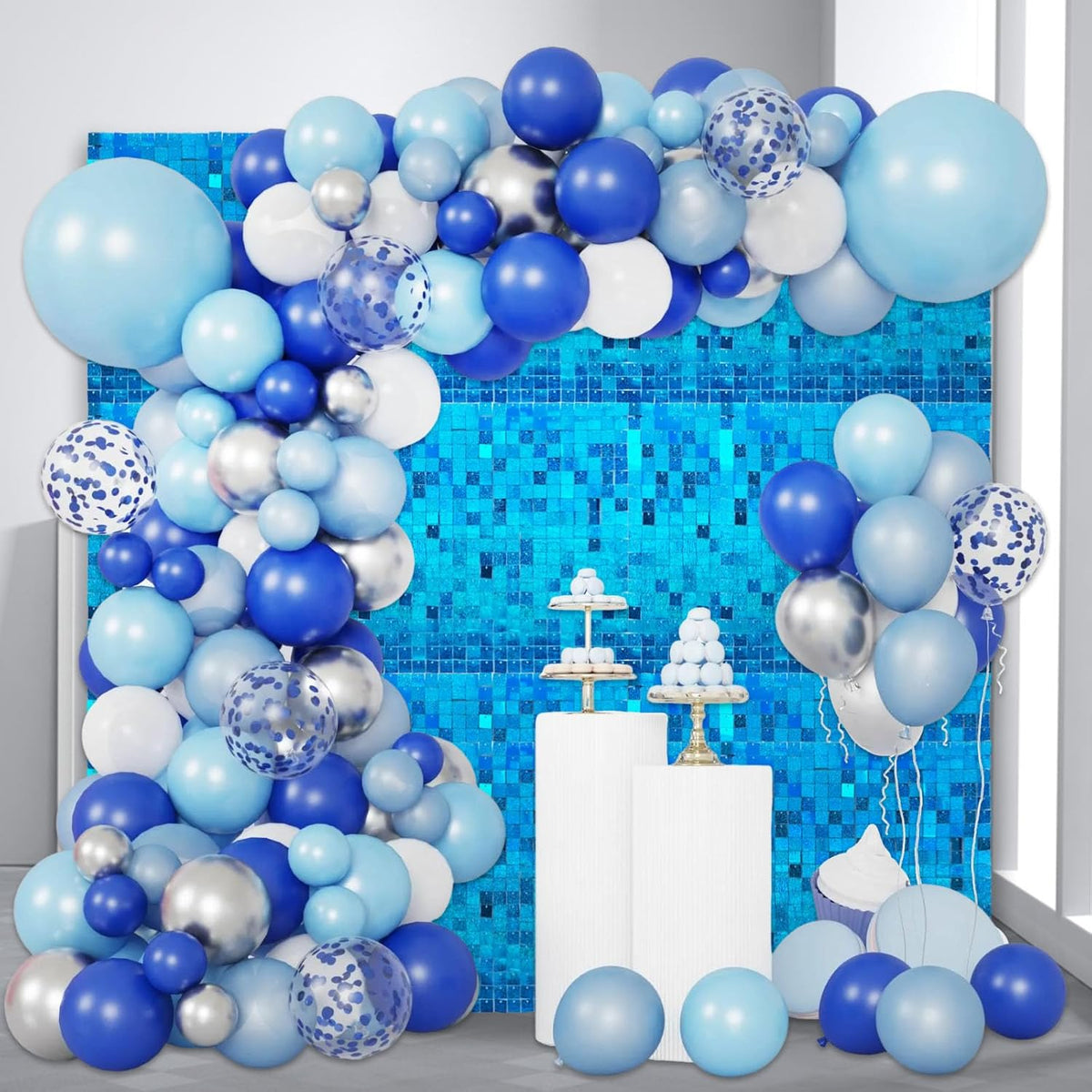 24PCS Lake Blue Shimmer Wall Backdrop, Laser Square Sequin Photo Backdrops Panel, Glitter Wall