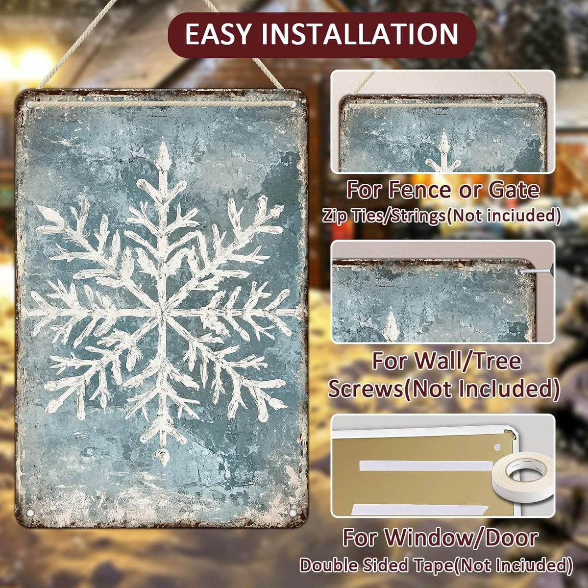 Vintage Christmas Tin Sign - Winter Snowflakes Metal Tin Sign - Wall Decor Sign for Outdoor